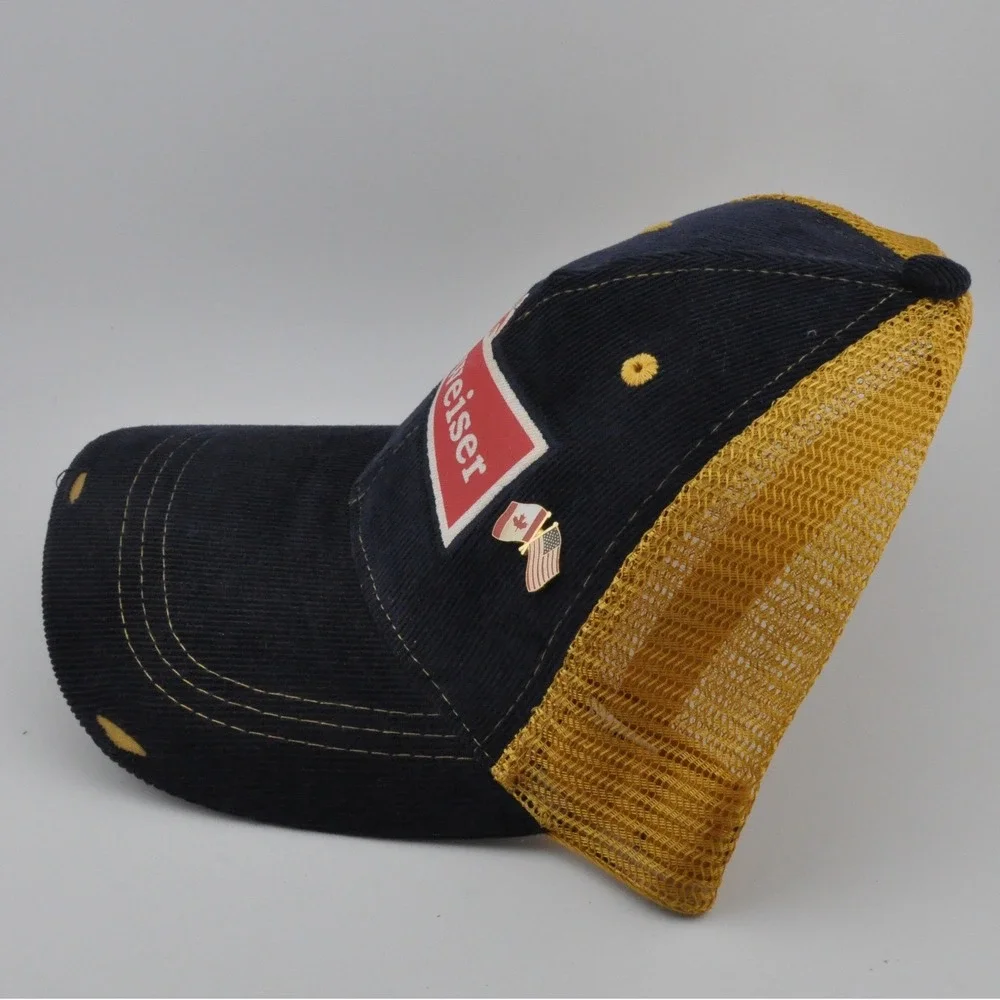 Budweiser Trucker Hat Navy Yellow Excellent Corduroy Mesh Snapback‎ Logo Patch